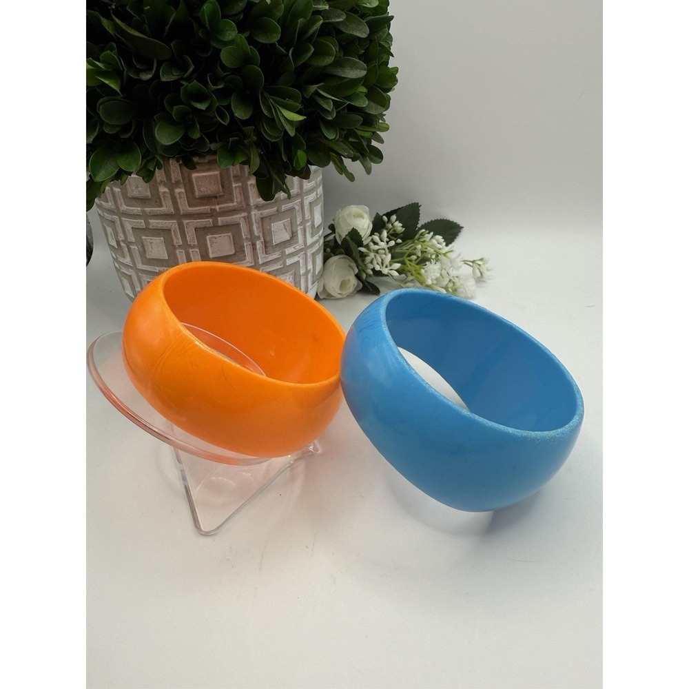 Vintage Asymmetrical Plastic Bangle Bracelets Orange + Blue Retro Wide 1970-80's